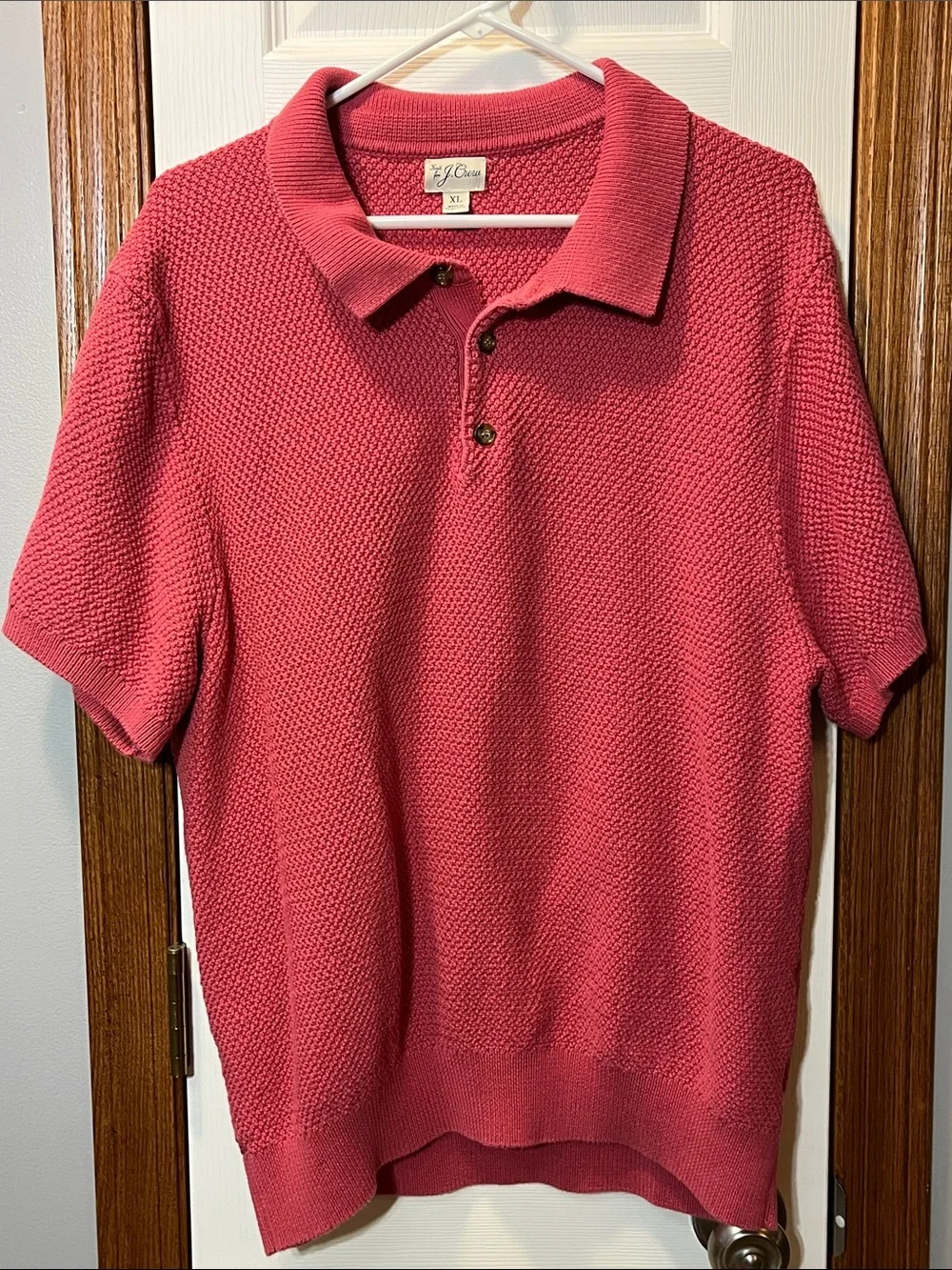 J. Crew Johnny Collar Polo Shirt Pink Knit Cotton Mesh Stitch Sweater Men’s XL